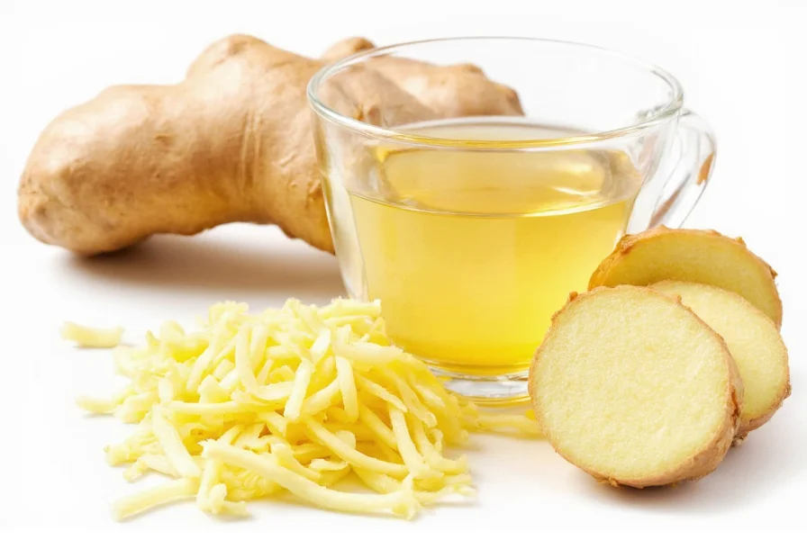 Fresh ginger root with grated ginger and tea preparation showing various ginger uses for health and cooking
