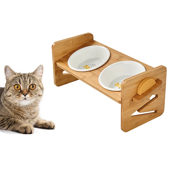 

Raised Cat Ceramic Pet Bowl 15degree Tilt Neck Guard Adjustable Elevated Dog Bowls With Stand