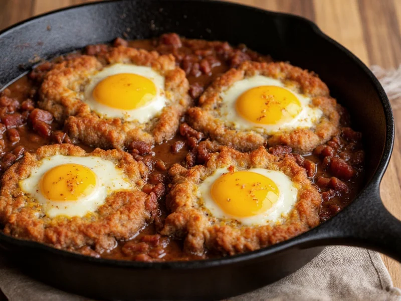 Crispy golden corned beef hash in cast iron skillet