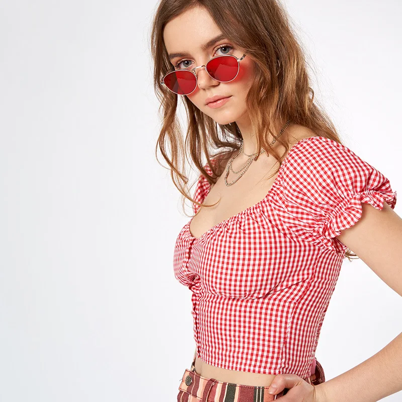 

2020 new arrivals amazon hot selling short puff sleeves square neck in plaid ladies blouse crop tops