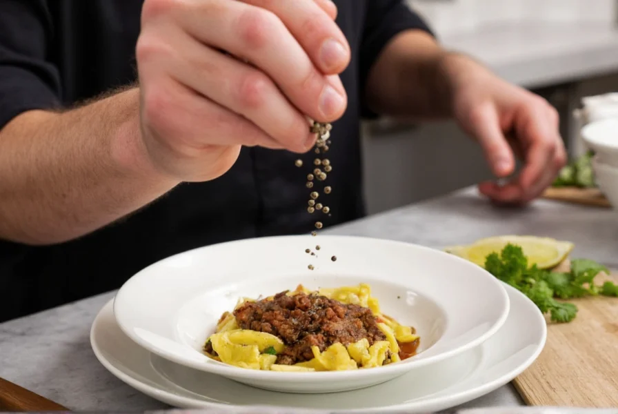 Chef grinding fresh Tellicherry peppercorns over a finished dish to demonstrate proper usage