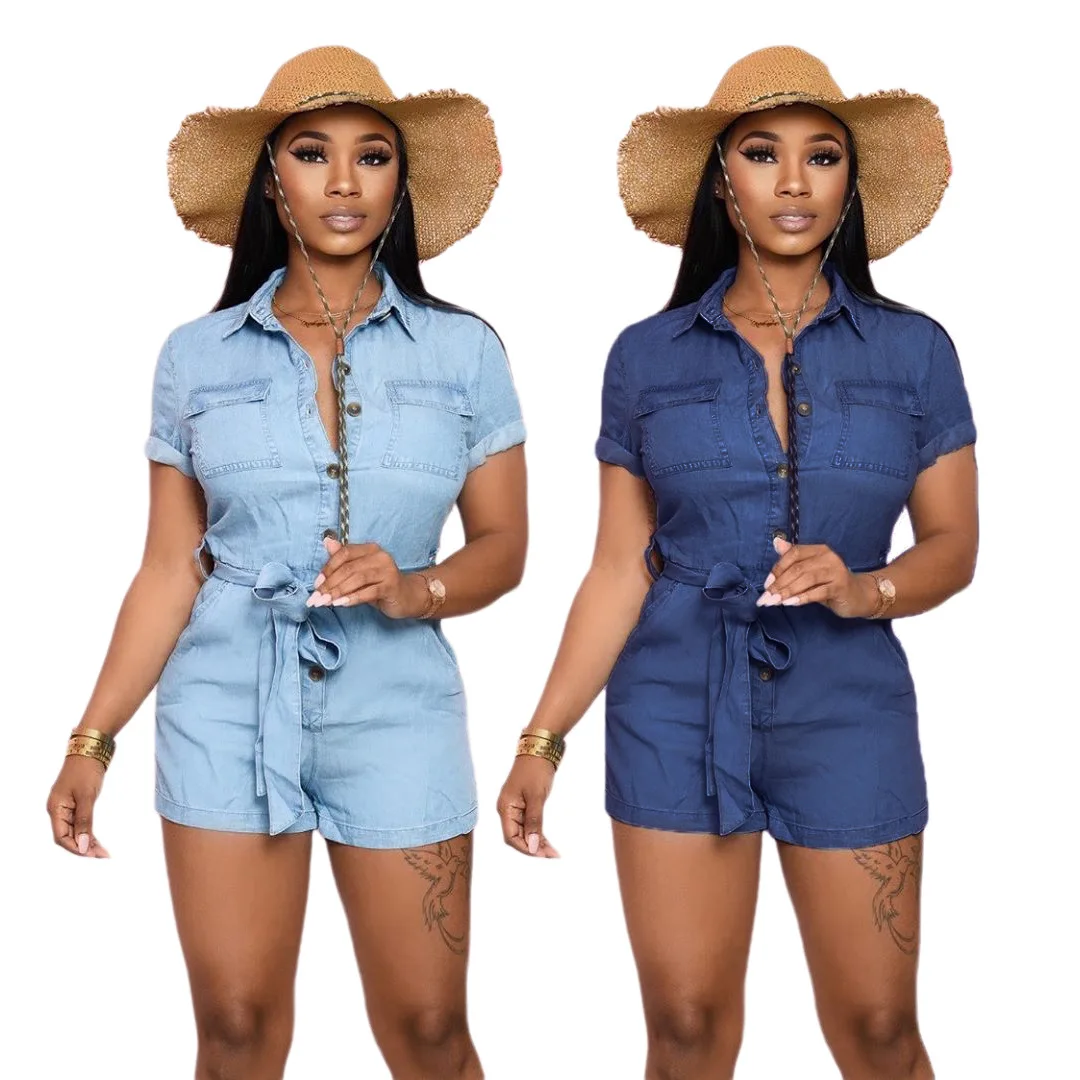 

SASMR9715 summer short sleeves women one piece stretch jean shorts bodycon denim jumpsuit with belt, As photo showed