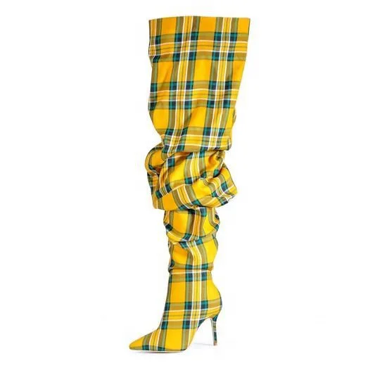 

Big Size 44 Plaid Print Side Half-zip Over Knee High Pile Of Boots For Women Stiletto Ladies Pointed Toe Thigh High Long Booties, Yellow,green,red
