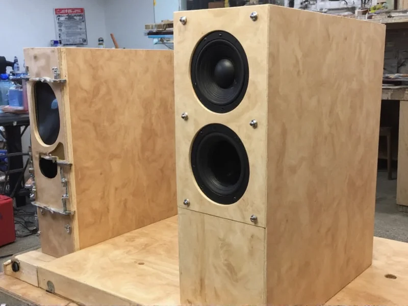 DIY speaker cabinet construction with wood panels and drivers
