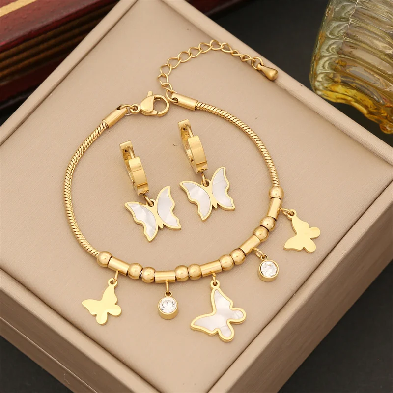 

Snake Chain Bracelet Necklace Earrings Set Stainless Steel Wholesale Fashion Shell Butterfly Pendant Jewelry Sets Vintage 3pcs