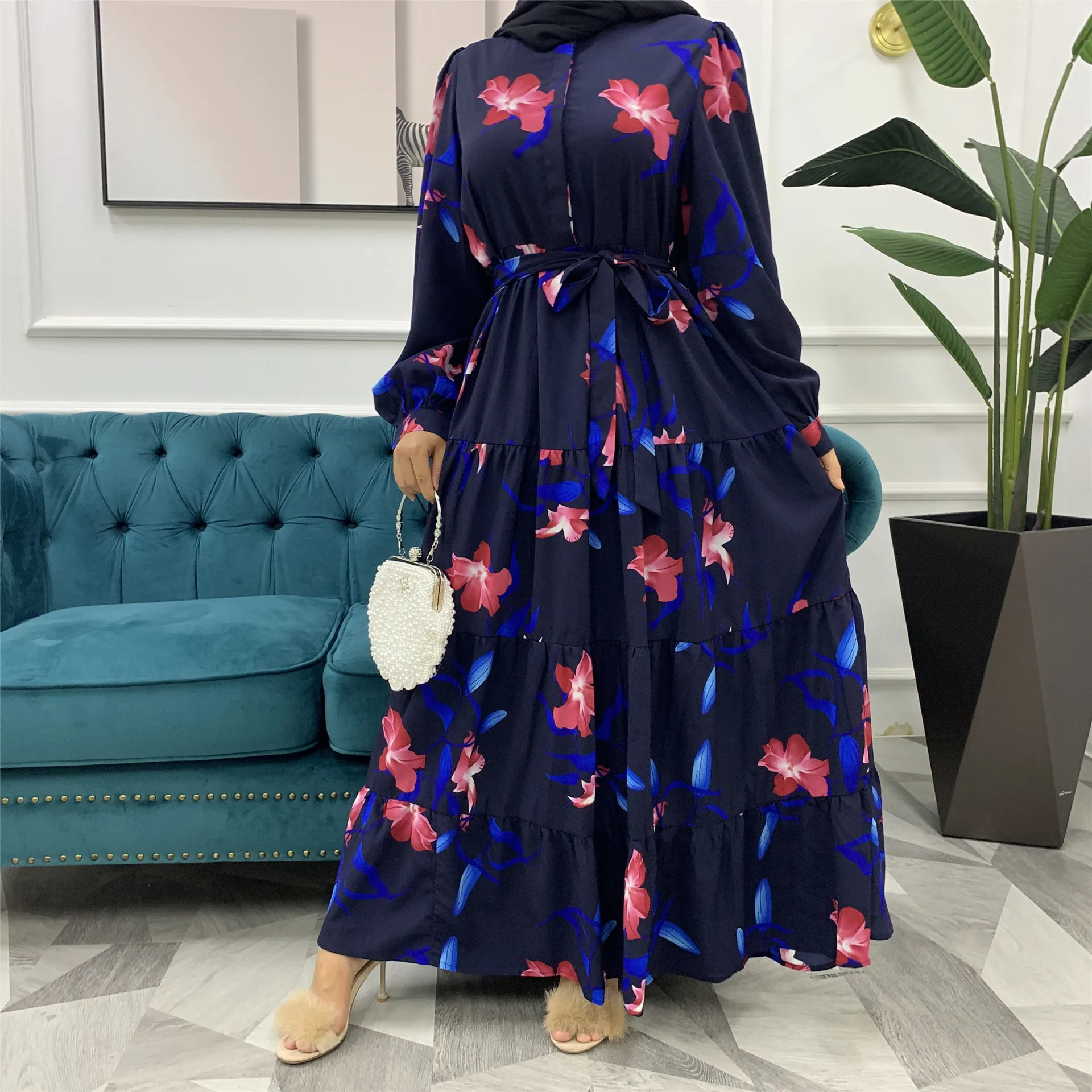 

MuslimQLO new style print stitching big swing lace up Muslim dress chiffon loose kaftan dress, Customers' requirements