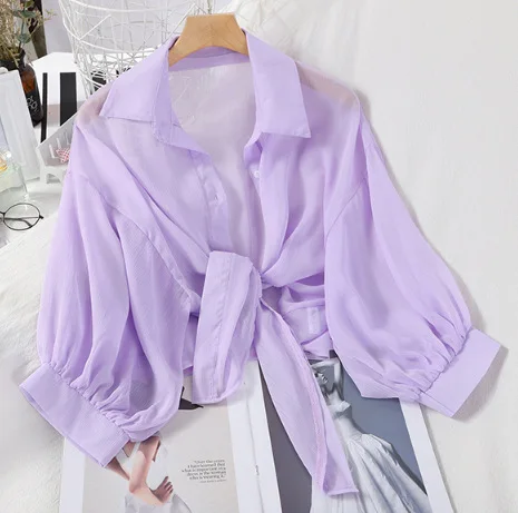 

Chiffon summer sun protection clothing Women's cardigan with waistcoat Pure color thin shirt