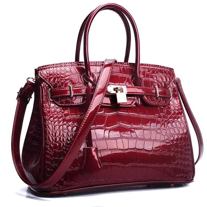 

Crocodile grain PU leather glossy top handle women satchel shoulder bag