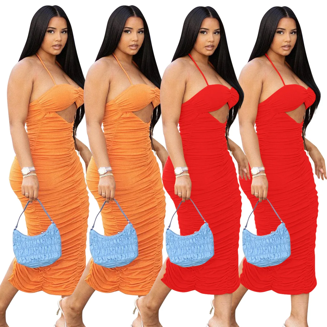 

2021 New Trendy summer women sexy spaghetti strap off shoulder bra cutout front pleated ruched midi dresses, 4 colors