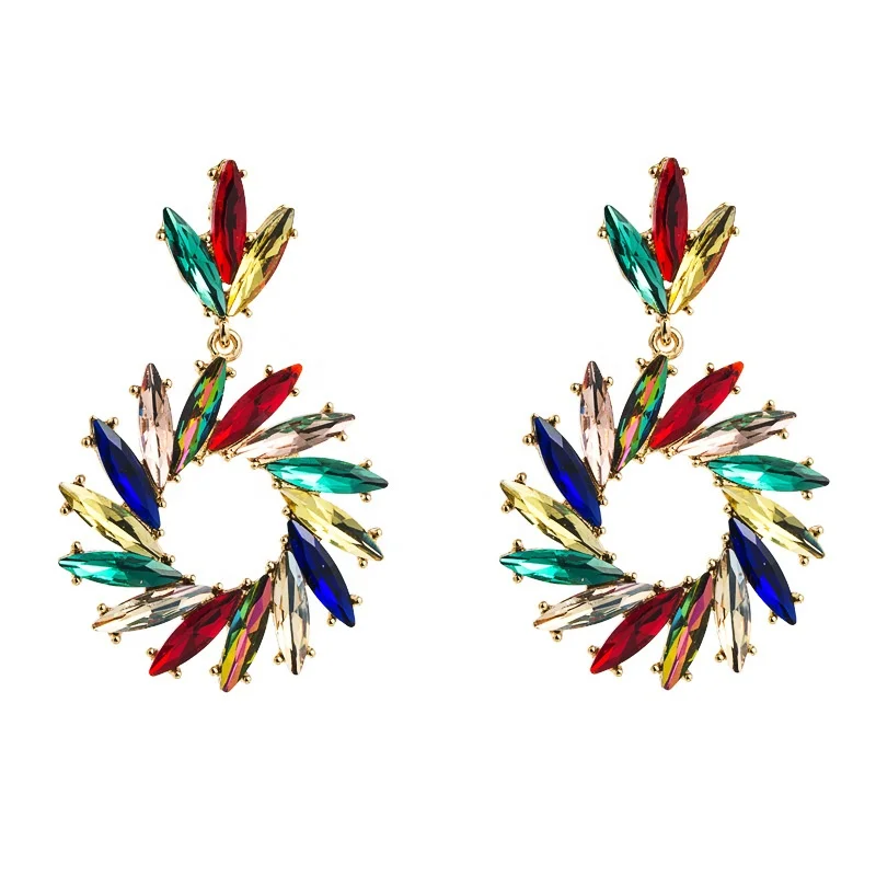 

New Colorful Crystal Statement Dangle Earrings Luxury Geometric Hollow Big Circle Round Acrylic Drop Earrings for Woman, Picture shows