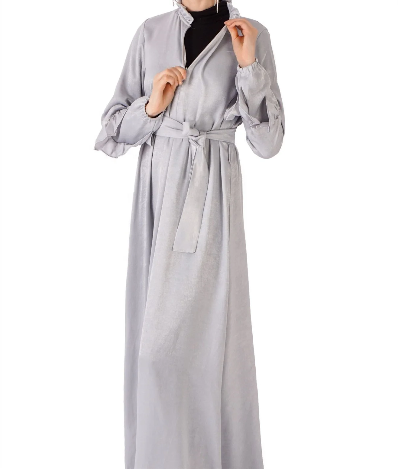 

Wholesale Pure color Hijab Long Sleeves 2020 Dubai High Waist With Belt Casual Muslim Dresses Islamic Clothing, Gray.pink.black