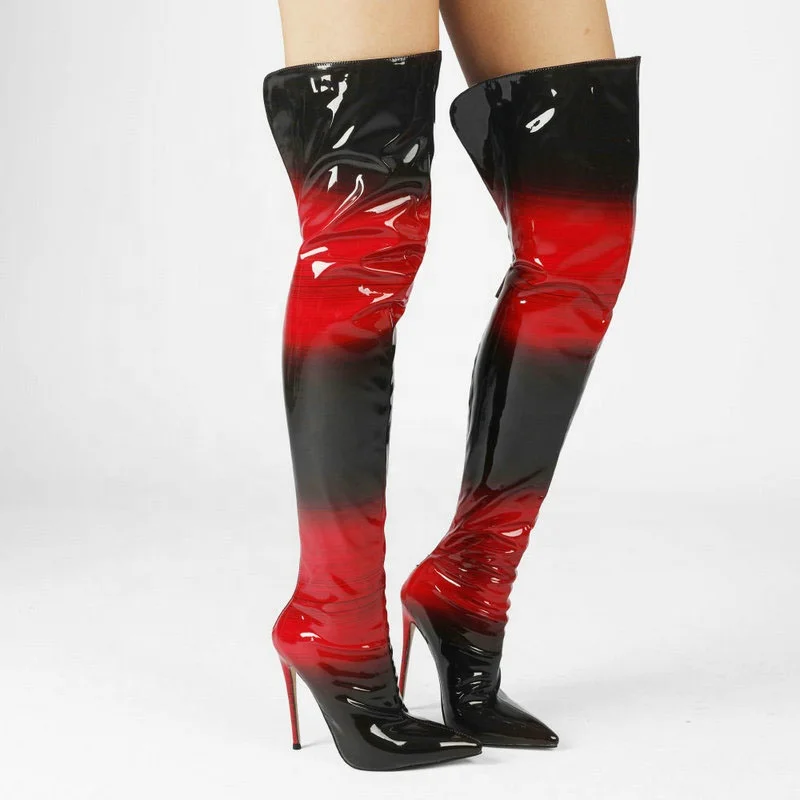 

Fashion Black Red Gradient Color High Heel Thigh High Boots Women's Stiletto Shoes Big Size Back Zipper Over Knee Boots