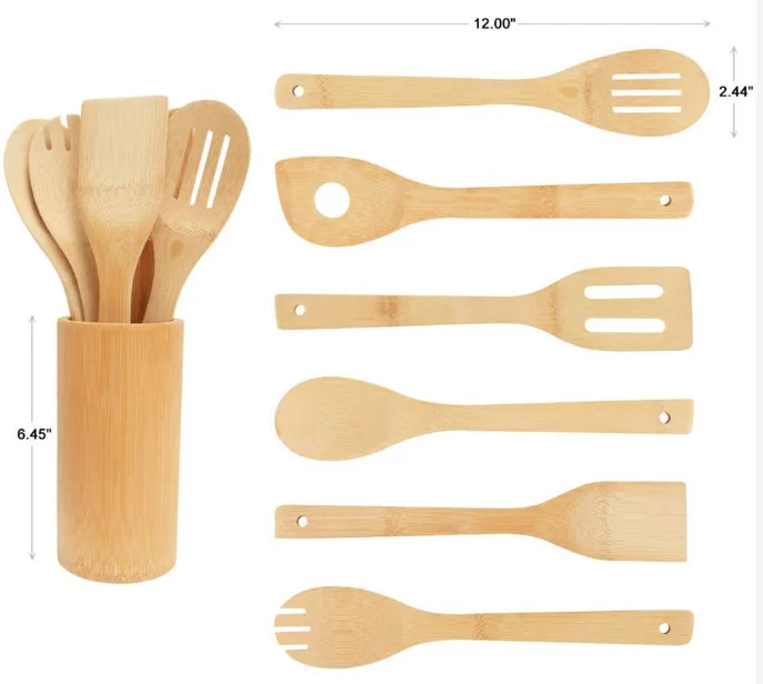 

Eco-friendly Biodegradable Home Use Reusable 7pcs Bamboo utensils cooking utensils Spatulas Set, Natural color, the handle can colorful