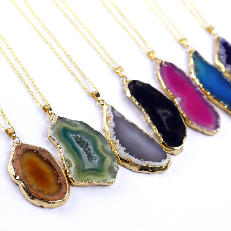 

New Irregular Natural Raw Stone Quartz Geode Agate Stainless steel Chain Necklace for Women Reiki Healing Jewelry primary color