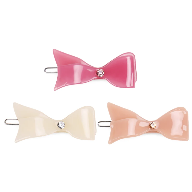 Fashionable Bowknot Kids Hair Accessories Acetate Bow Hiar Pin with Big Crystal 3 Colors Acetate Hair Clips