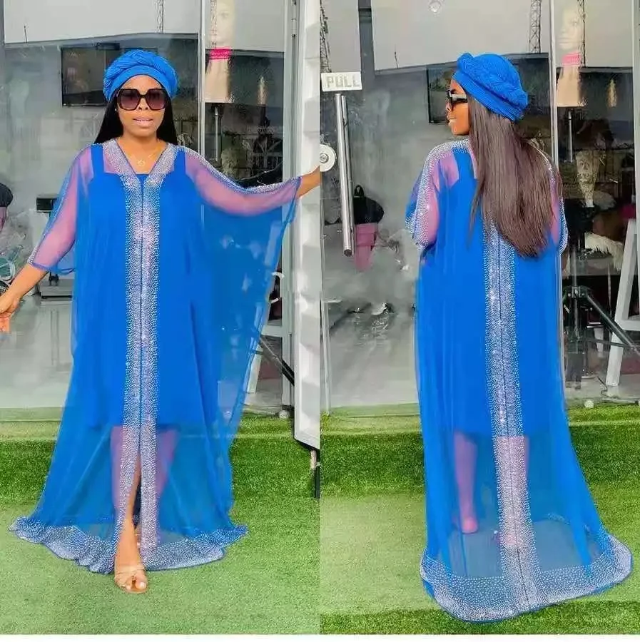 

J&H fashion high quality rhinestone chiffon robes with underdress 2 pieces set kaftan dress women abaya