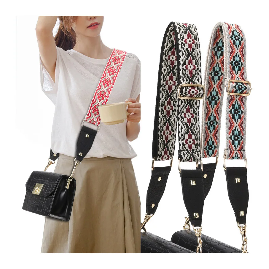 

1.97 Inch Width Weave Flower Printing Webbing Leather Ends Cross body Bag Adjustable Detachable Shoulder Bag Straps for Purse, Multi-colors