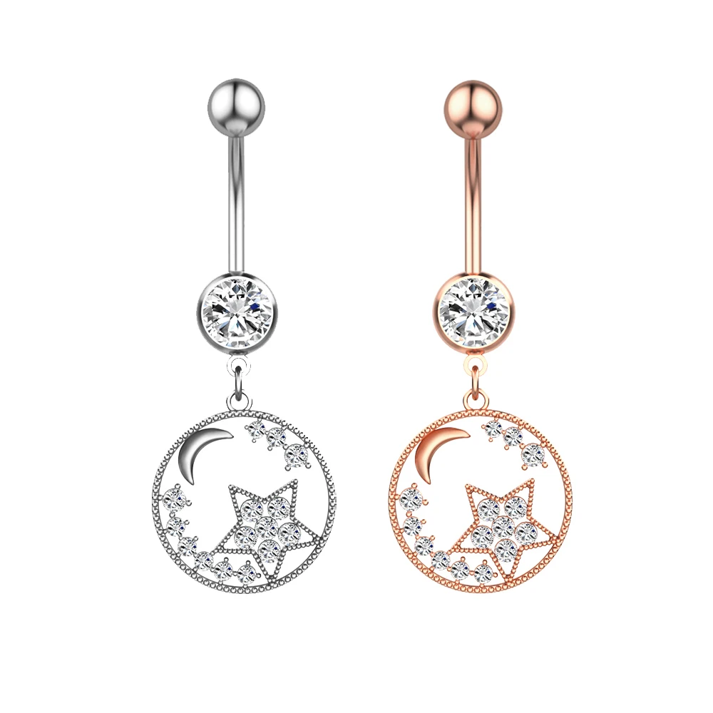 

New Design Twitch Circle Wraps the Five Pointed Star of the Moon Belly Button Jewelry Navel Ring for Women, Sliver and rose gold