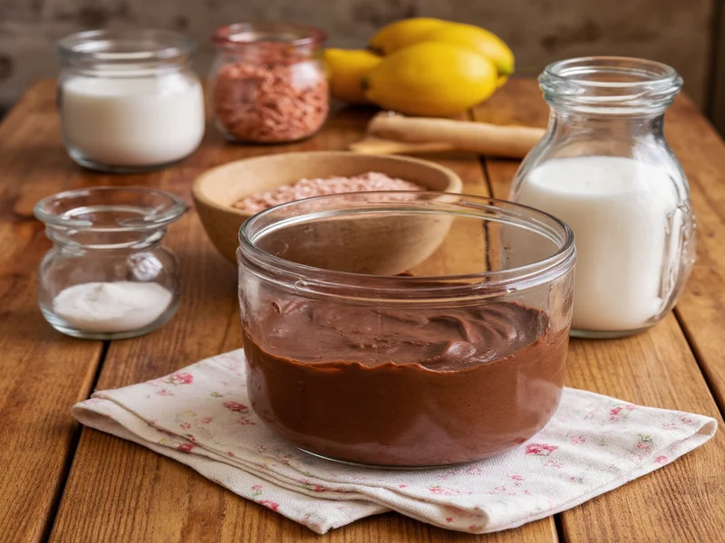 Homemade chocolate frosting ingredients on wooden table