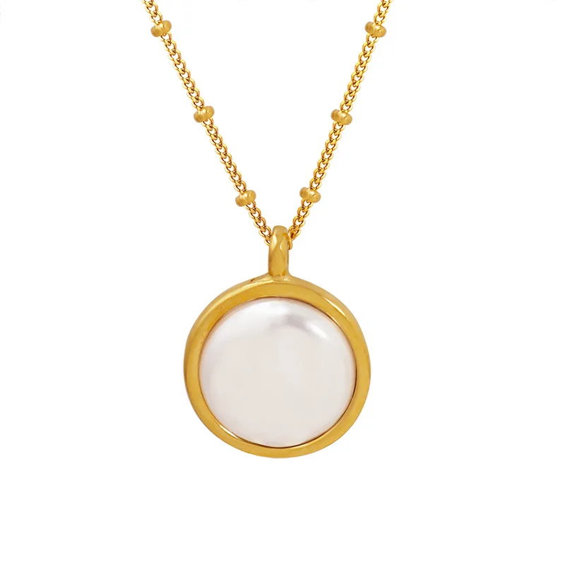 

Geometric Gold Plated Bump Shell Necklace Stainless Steel Round Shell Pearl Pendant Necklace