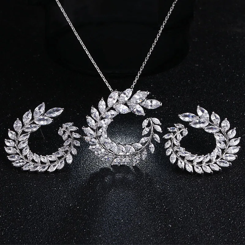 

CAOSHI New Design Luxury Zircon Olive Branch Earrings and Necklace Sets Zircon Wedding Jewelry Set