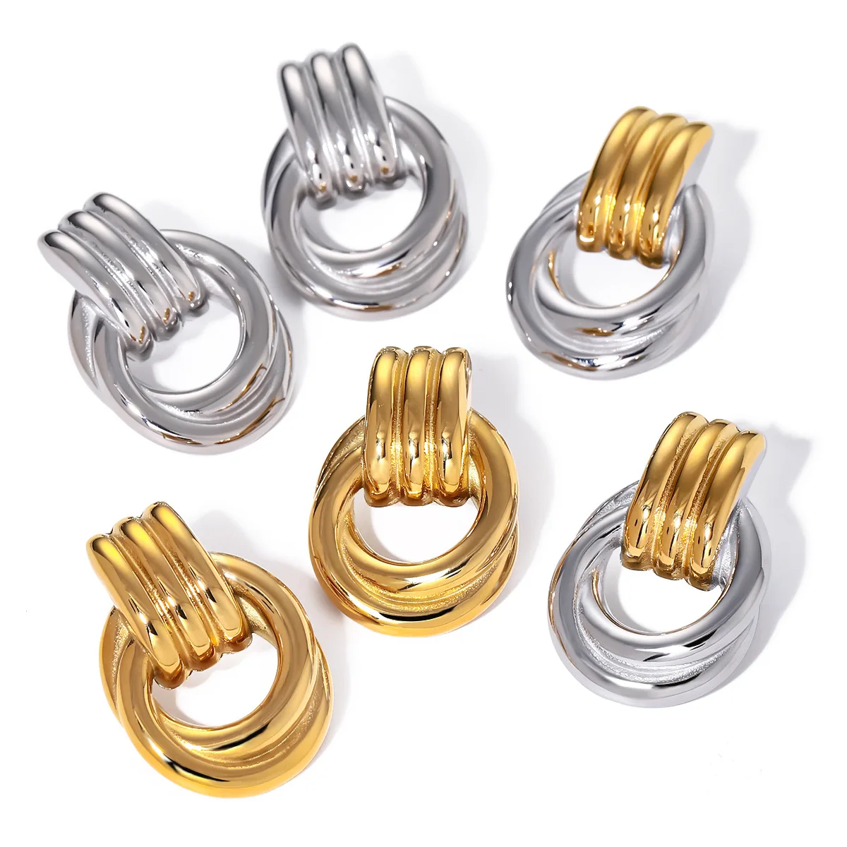Stainless Steel Fashionable Waterproof Jewelry 18k Gold Plated Two Stone Threaded Winding Women Earrings Non Tarnish YF6034