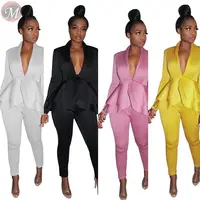 

9090223 good quality solid elegant v-neck ruffle hem blouse women autumn sexy jumpsuit set two piece