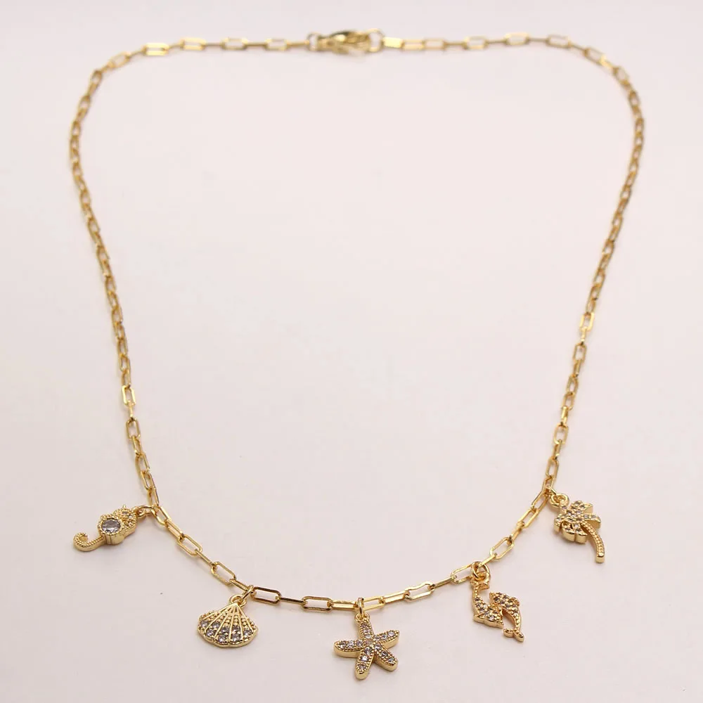 

MHS.SUN Ocean Style Charming Jewelry Starfish&Shell Pendant Women Necklace With Mosaic AAA Zircon Chain Choker Necklace Gift, Gold