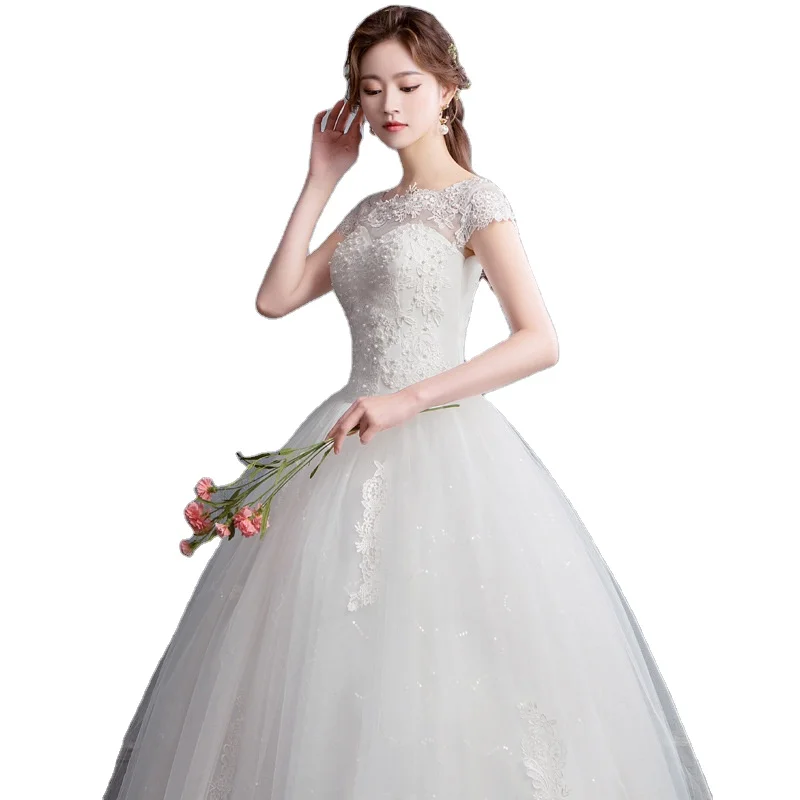 

2021 new wedding dress shoulder-to-shoulder bride married three-dimensional flower thin princess wedding dress, White champagne