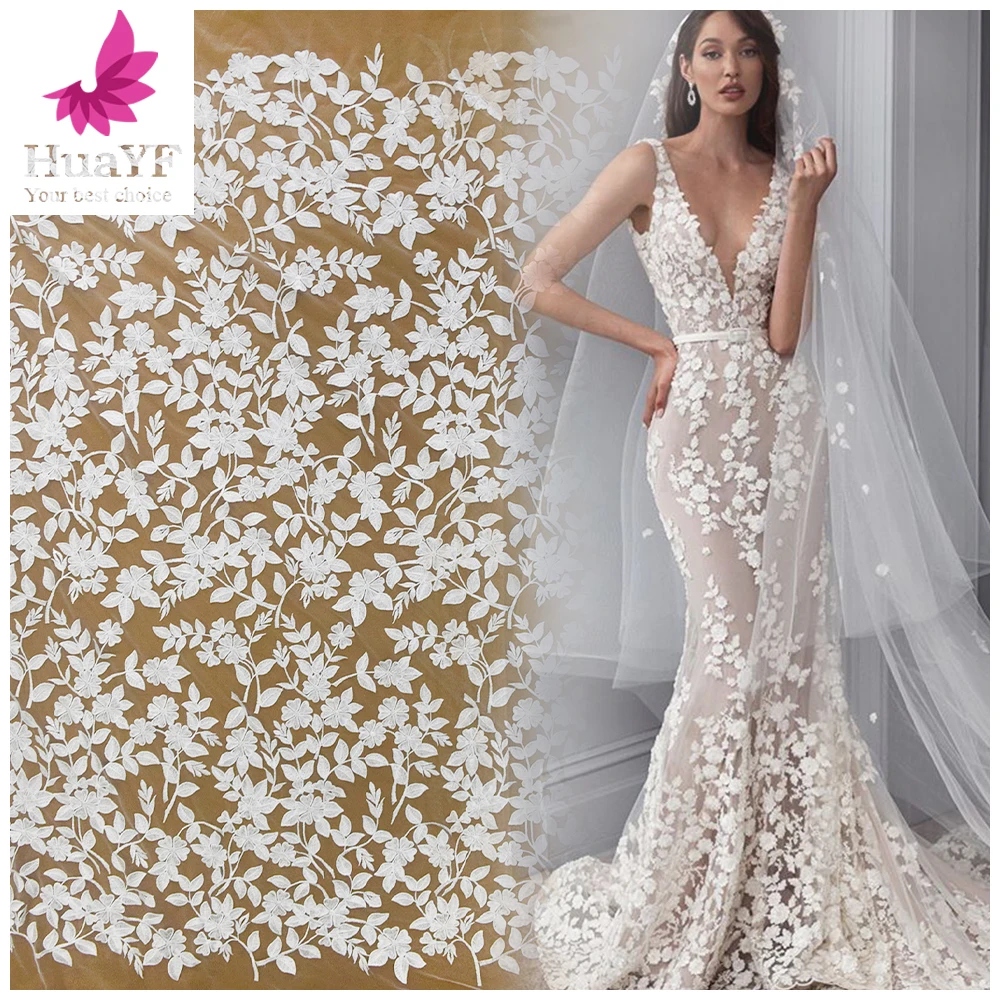 

High quality french white leaf embroidery bridal wedding mesh lace dress fabric for 5 yards HY1590-2, As picture