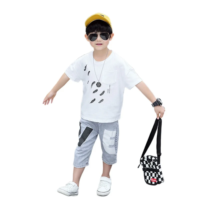 

Boy's sets summer 2021 new medium and big children's printed black feather T-shirt VE pants two-piece children's suit, White