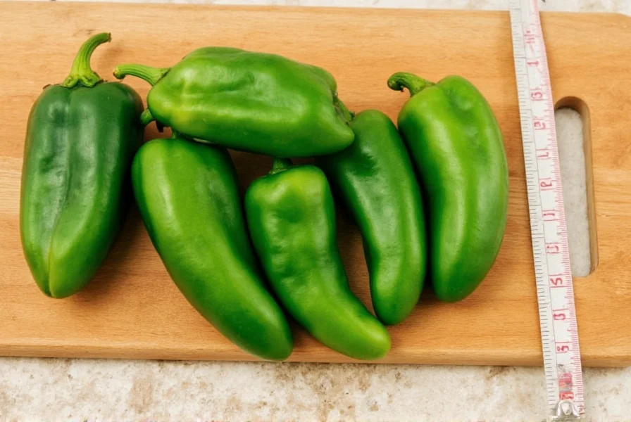 Fresh poblano peppers on wooden cutting board with measuring tape showing size