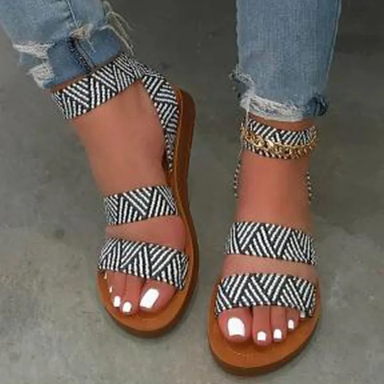 

LX-097 fashion 2021 latest leopard & strip print double cross strap sandals for women Roman ankle strap flat sandals slides