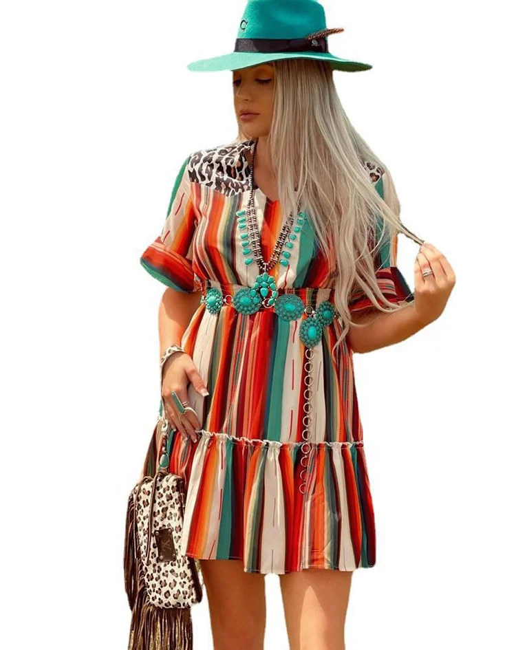 

Free Shipping New Fashion Ruffle Short Sleeve Pleated Dress Women Leopard Serape Print Mini Dress