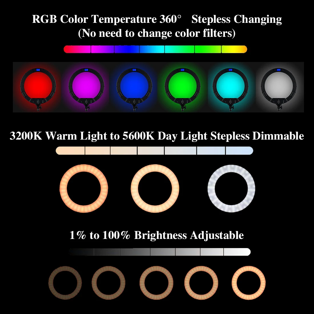 Tolifo 19 inch 60W Photo Studio Portable Photography RGB Ringlight LED Video Light with tripod stand