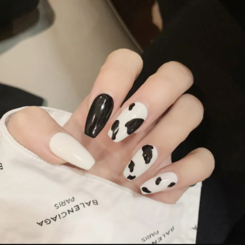 

P137 artifical long Ballet false nail pre glued black and white colour fashion Cow pattern press on acrylic nail tips, Picture