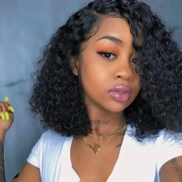 

Top Grade Natural Black Bob Wigs Human Hair Curly Short Lace Front Wig With Baby Hair