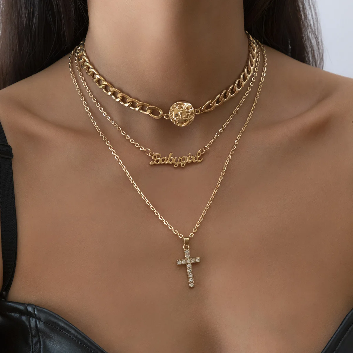 

NK-1116 Punk Style Exaggerated Thick Chain Double-layer Cross Necklace Hip-hop Street Letter Coin Pendant Metal Necklace, As show picture