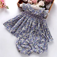 

smocked children's dress girl flower dresses floral summer handmade baby clothes sets 2 pcs boutiques children fancy wholesale