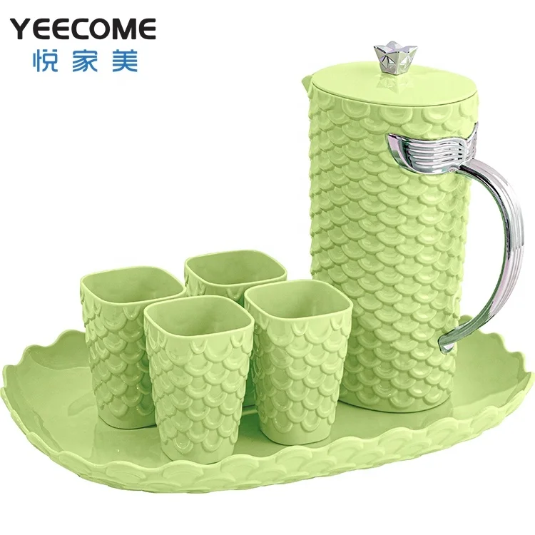 

Yeecome Brand New Design Glossy Silver Plated Handle Fish Scale Water Jug Drinkware With Cup And Tray