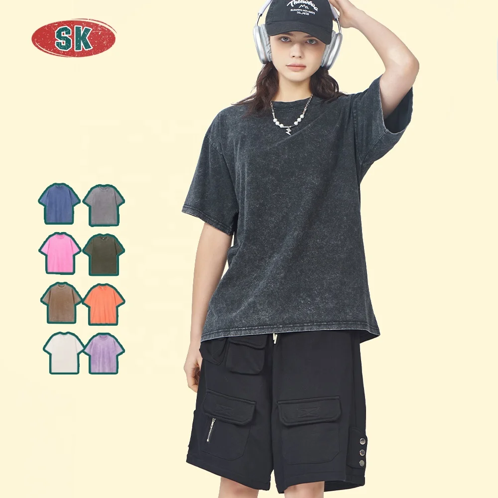 Custom Manufacturer Tee 100% Cotton Men Heavyweight Vintage T-shirt Distressed Embroidery Patches Acid Washed t Shirts