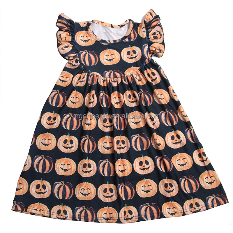 

Wholesale Fall Pumpkin Print Baby Ruffle Dress Cartoon Pattern Girls Pearl Dresses Halloween Kids Clothing, As picture