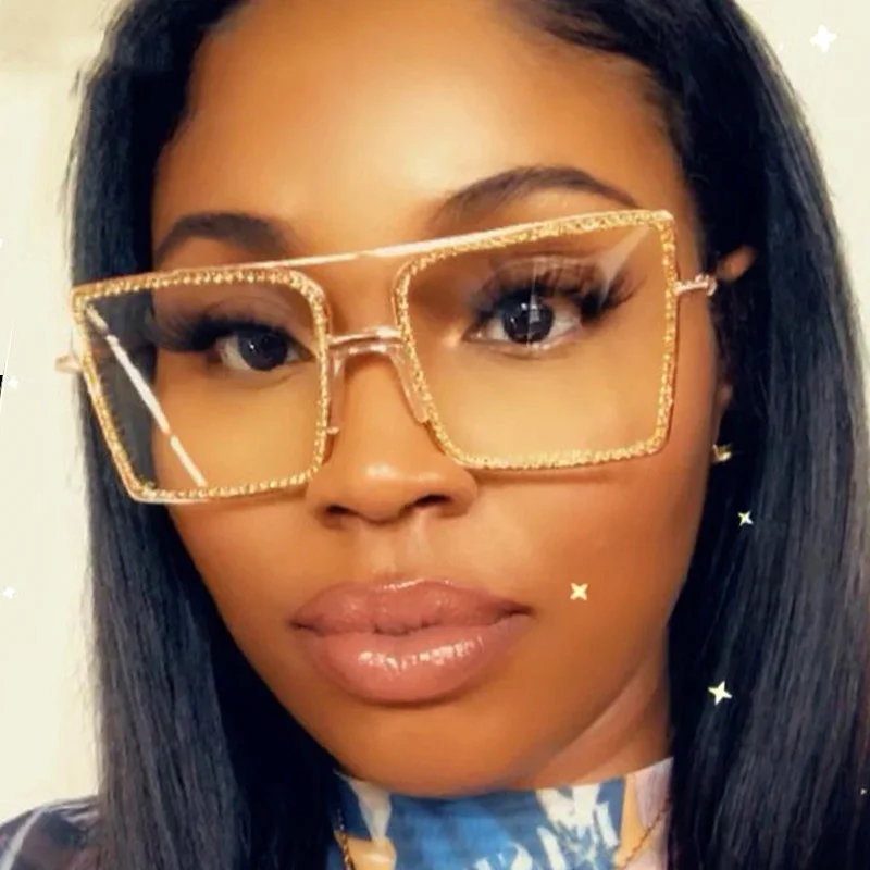 

2021 Hot styles Custom Street Transparent Rhinestone Sun Glasses shades rimless square oversized Diamond Crystal women sunglasse, 4 colors