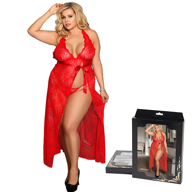 

Mature red backless long lingerie dress ladies plus size women halter sleeveless babydoll set