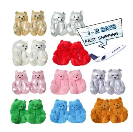 

Custom 2022 Flat Fur slippers Plush New Style Slippers House blue Teddy Bear Slippers for Women Girls Kids