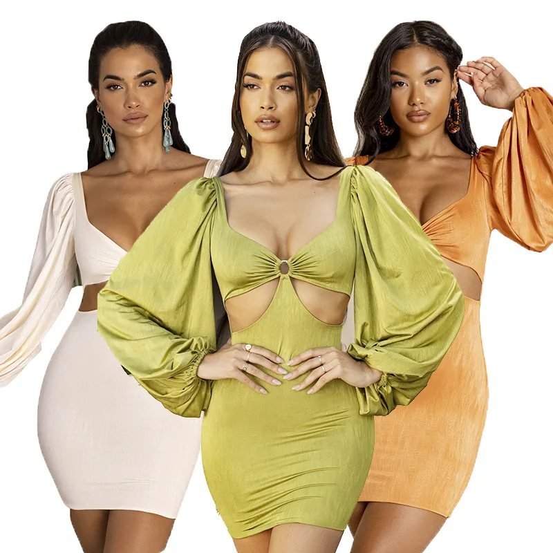 

Fall Sexy Cut Out Satin Long Sleeves Deep V Neck Mini Dress for Women Career Dress