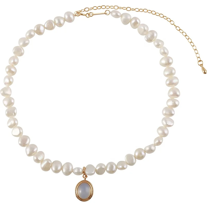 

IN-B767 Natural Baroque Pearl Moonstone Necklace 925 Sterling Silver Gold Elegant Short Chain Necklaces for Women Fine Jewelry