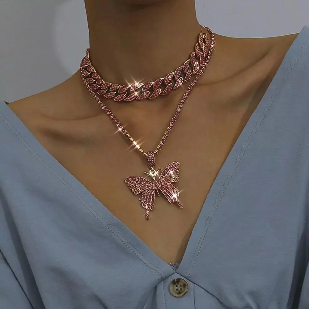 

2021 Exaggerated Micro-Inlaid Rhinestone Geometric Suit Necklace Women Hiphop Necklace Vintage Layered Butterfly Necklace, As picture shows