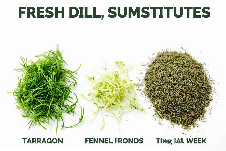 Fresh dill substitutes comparison showing tarragon, fennel fronds, and dried dill weed side by side
