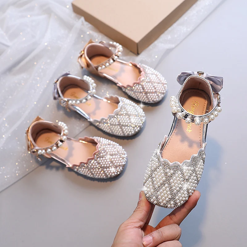 

Girls' high-heeled shoes 2022 spring new little girl's soft-soled princess shoes children's crystal bow dress shoes kids